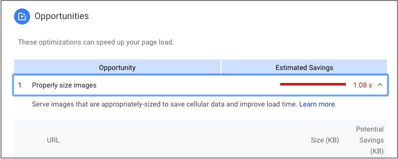 Opportunity example on Google’s PageSpeed Insights