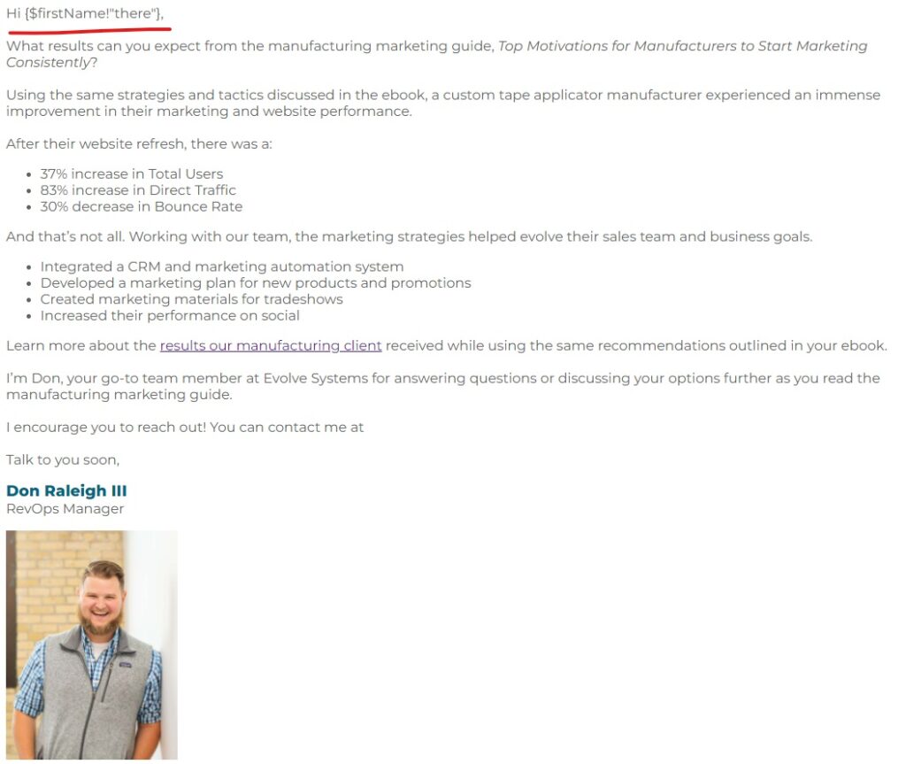 Personalized email example from Evolve Systems