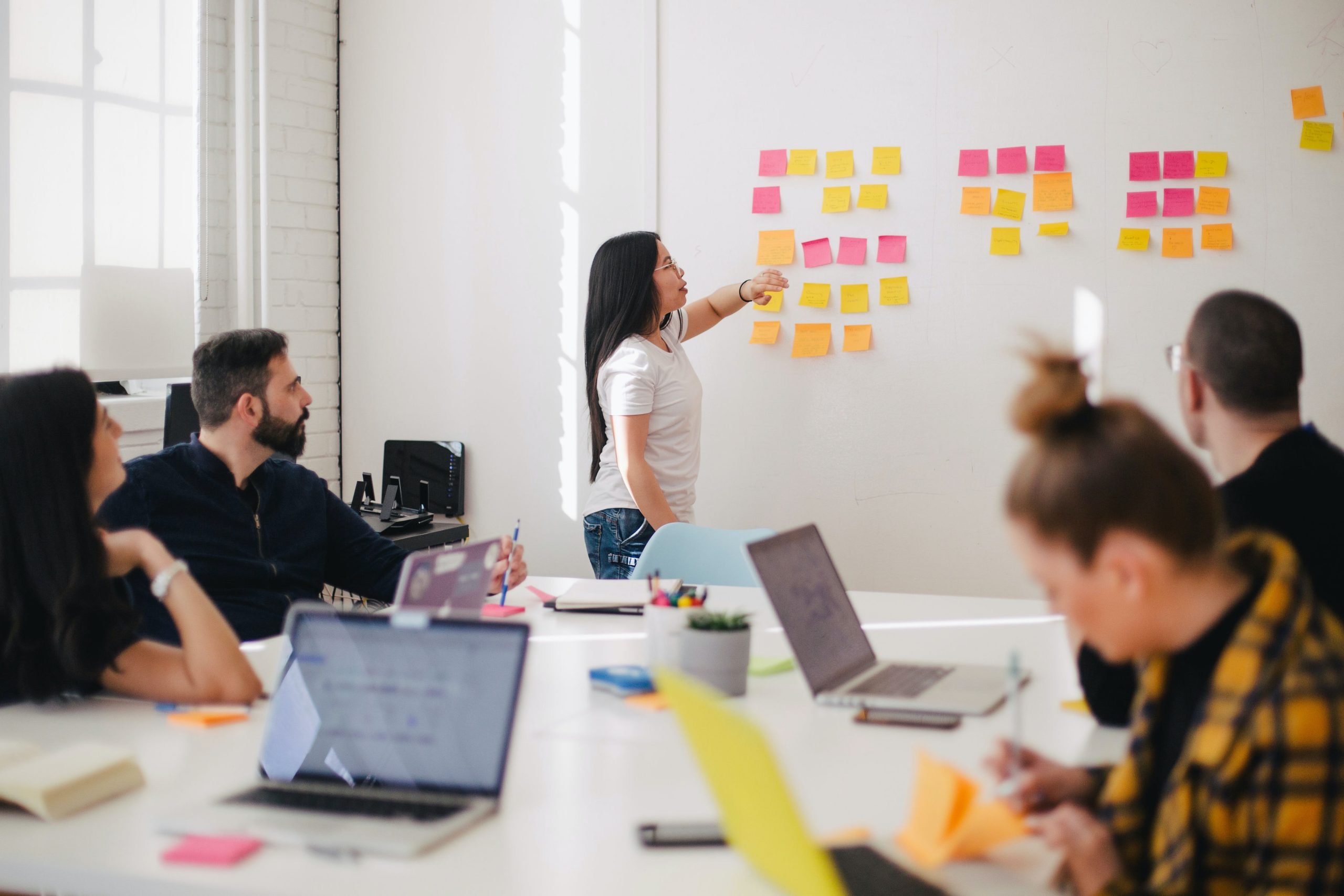 Group of colleagues collaborating while a woman rearranges a series of post-its on the board