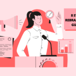 Animated woman standing behind a microphone talking about the rebranding guide