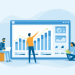 Animated people collaborating while examining an oversized bar graph