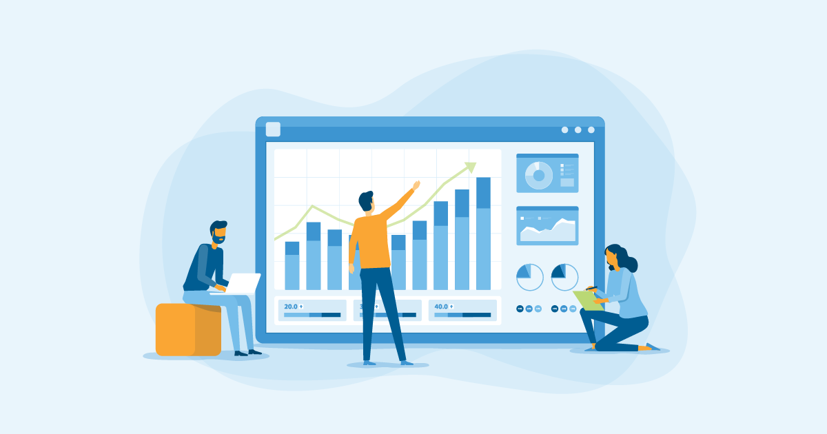 Animated people collaborating while examining an oversized bar graph