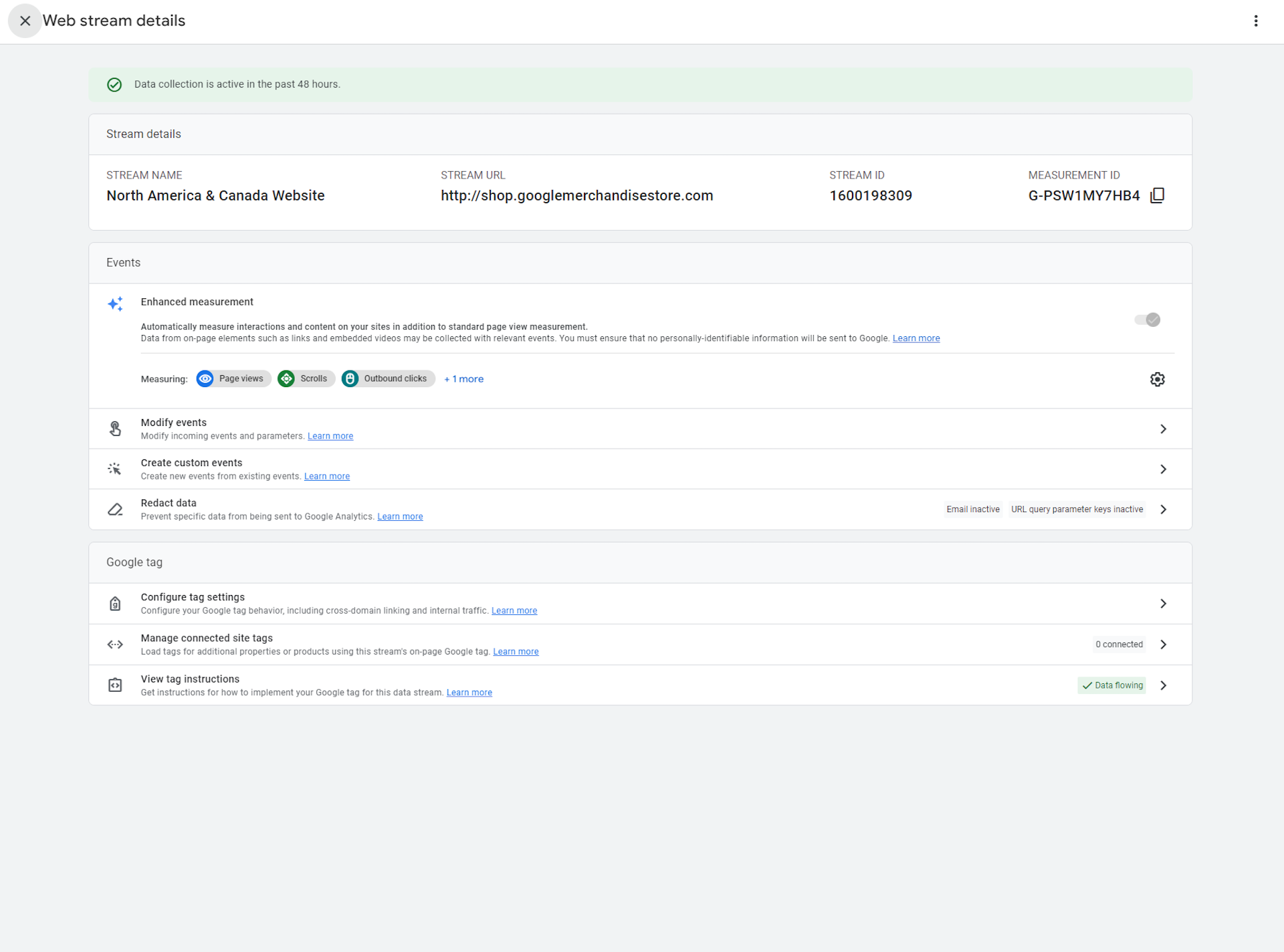 A complete snapshot of the Web stream details view.