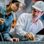 Two professional engineers using clipboards while discussing work in a steel metal manufacture factory plant