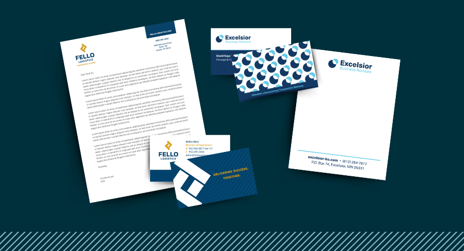 A collage of our branding work for Fello Logistics, including business cards, a letter head, and stationary.